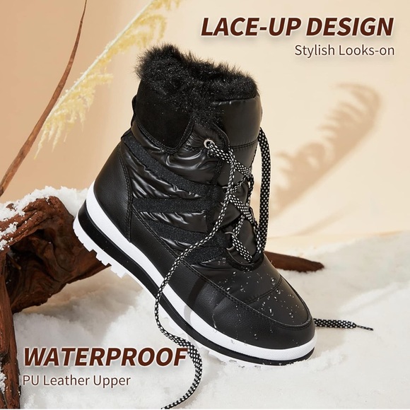 Warm Fur Lined Mid-Calf Boots Waterproof Winter Snow Boots Non-slip - Black - Picture 3 of 6